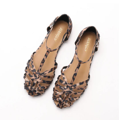 Women's Flat Roman Sandals – Woven Cross-Strap Cage Sandals with Ankle Buckle