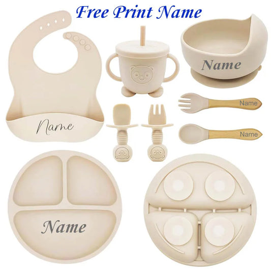 Personalized Baby Feeding Set – 8-Piece Silicone Plate Bowl Cup Bib & Utensils with Custom Name