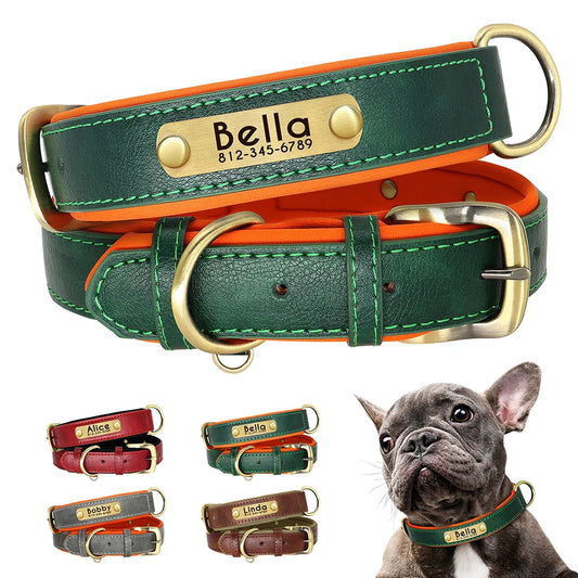 Personalized Dog Collar – Custom Engraved Nameplate, Soft Padded PU Leather