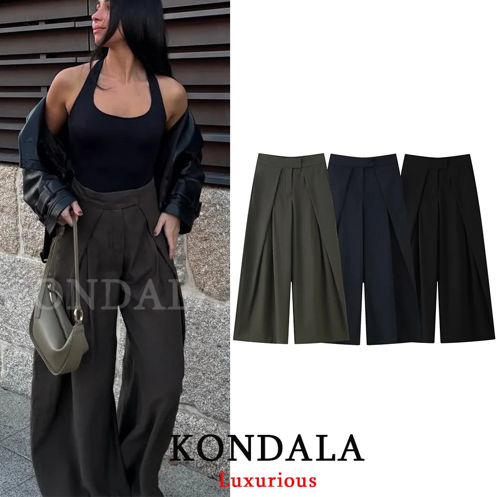 Wide Leg Pleated Trousers – Women's Casual Chic Office Pants with Pockets