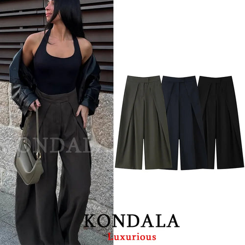 Wide Leg Pleated Trousers – Women's Casual Chic Office Pants with Pockets
