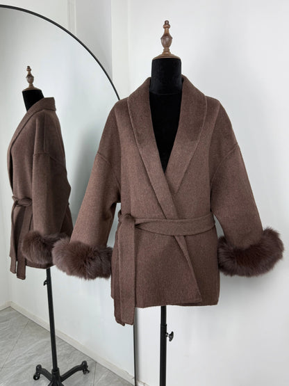 Women's Fox Fur Trim Double-Sided Wool Coat – Belted Elegant Wrap