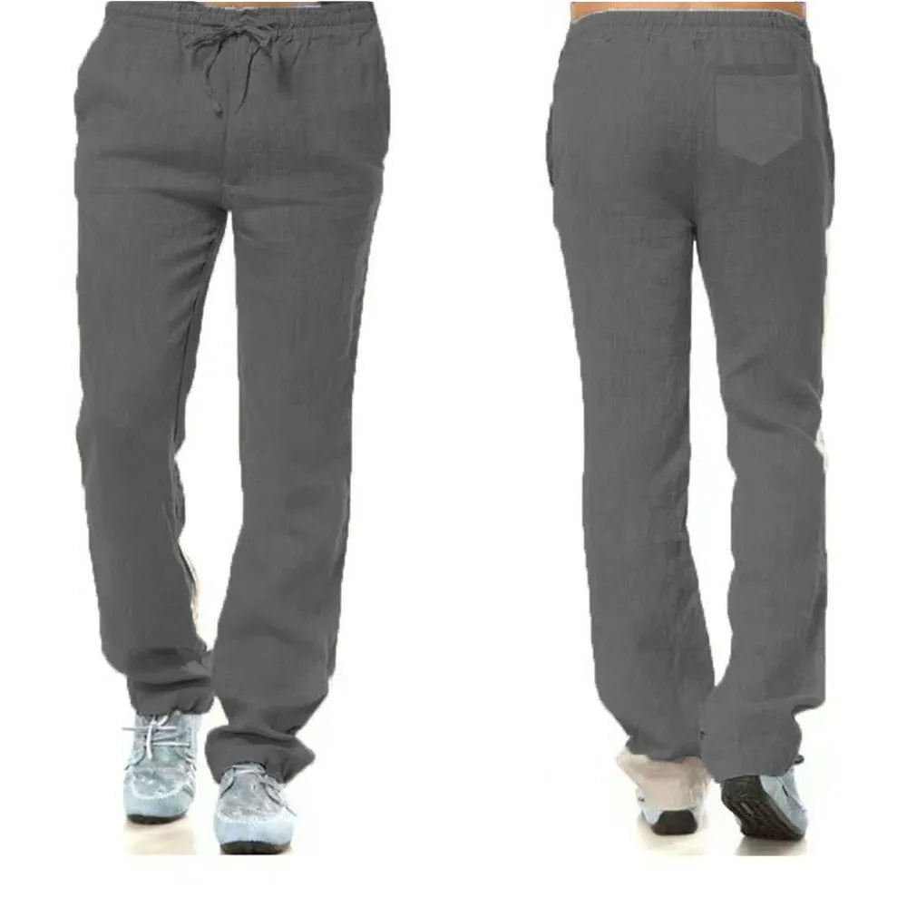 Men's Cotton Linen Pants – Breathable Drawstring Trousers with Back Pocket