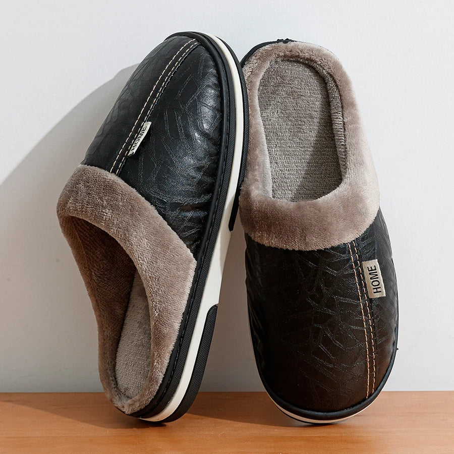 Men's Waterproof PU Leather Winter Slippers - Fur Lined Large Size 40-51