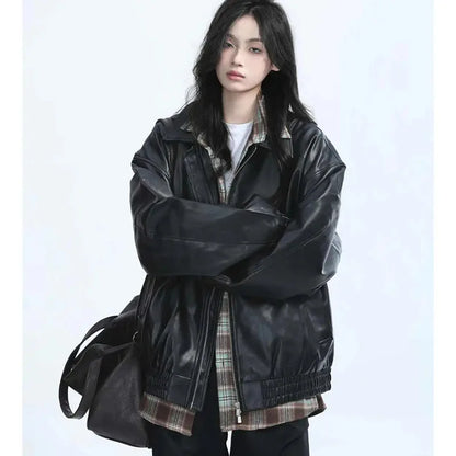 Women's Retro Faux Leather Jacket – Oversized PU Zip Coat