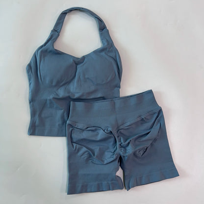 Women's 2-Piece Gym Set – Backless Halter Top & Seamless Shorts