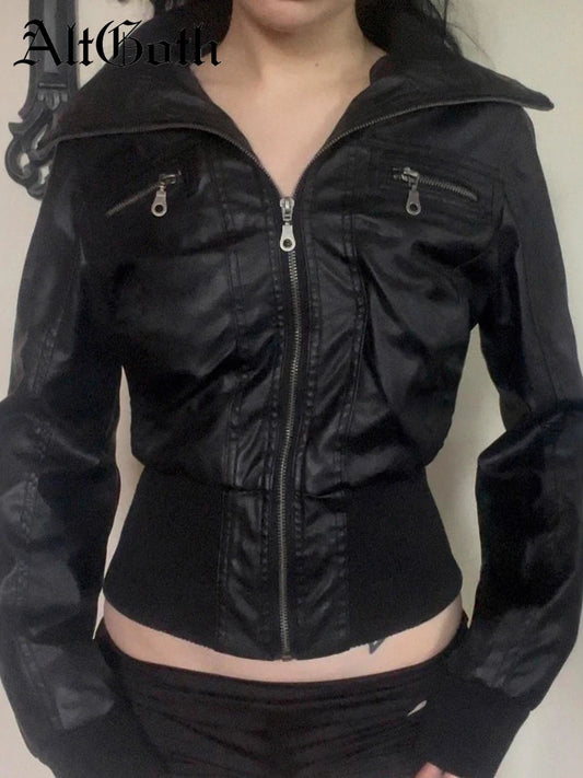 Women's Vintage PU Leather Jacket Grunge Alt Zipper