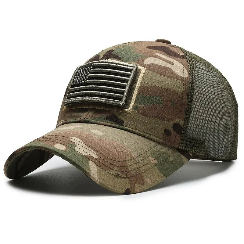 Camouflage Baseball Cap with American Flag Patch – Men's Mesh Trucker Hat