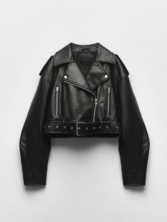 Women's Faux Leather Moto Jacket with Belt