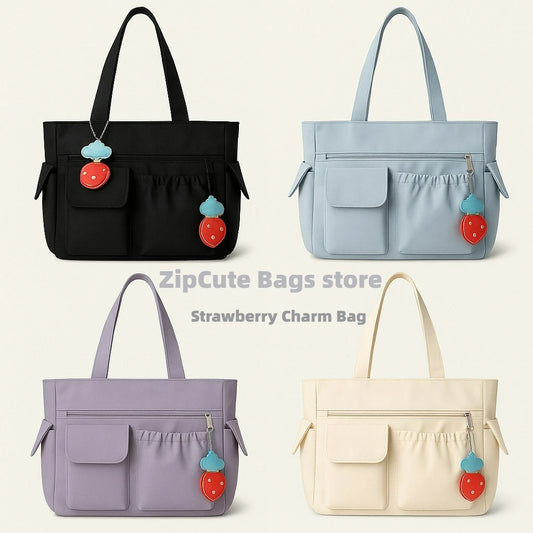 Canvas Tote Shoulder Bag – Cute Strawberry Charm for Students