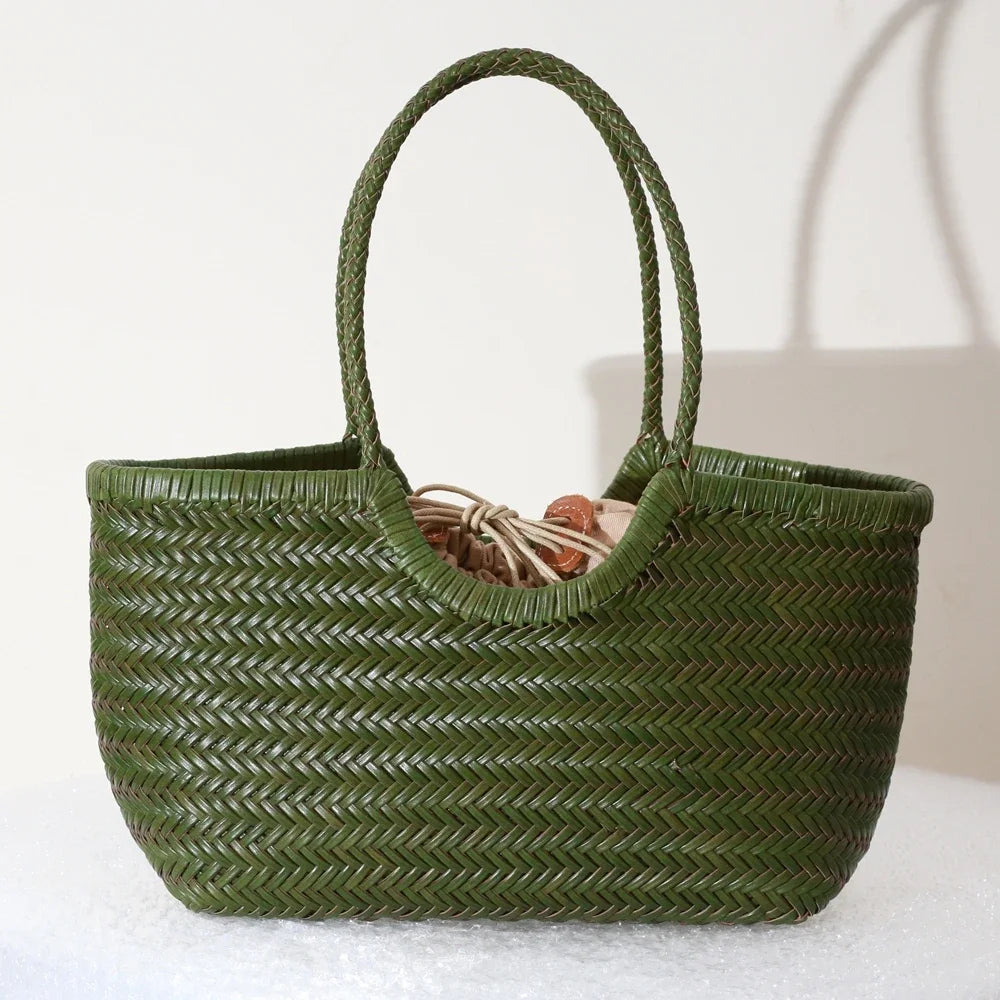 Woven Genuine Leather Tote Bag for Women – Cowhide Shoulder Bag
