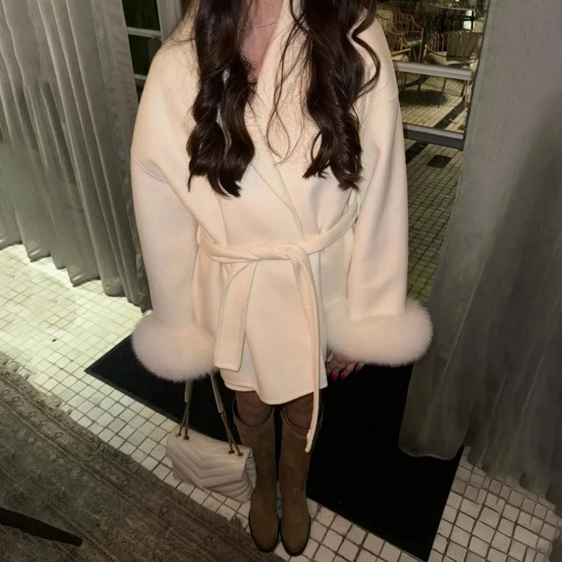 Women's Fox Fur Trim Double-Sided Wool Coat – Belted Elegant Wrap