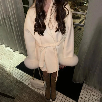 Women's Fox Fur Trim Double-Sided Wool Coat – Belted Elegant Wrap