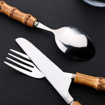 24-Piece Bamboo Handle Stainless Steel Cutlery Set – Flatware Dinnerware