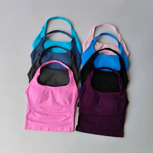 Halter Neck Sports Bra – Longline Strappy Crop Top for Yoga & Gym