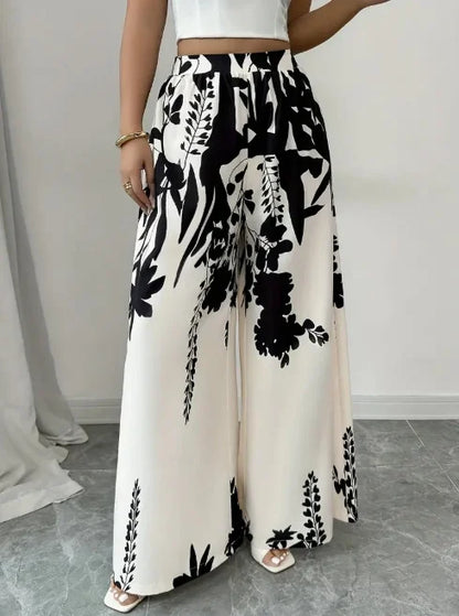 Floral Print Wide Leg Palazzo Pants – Elastic Waist Satin Trousers