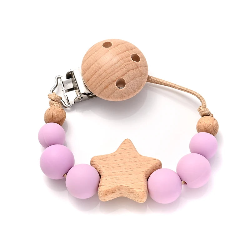 Wooden Star Pacifier Clip Chain with Silicone Teething Beads