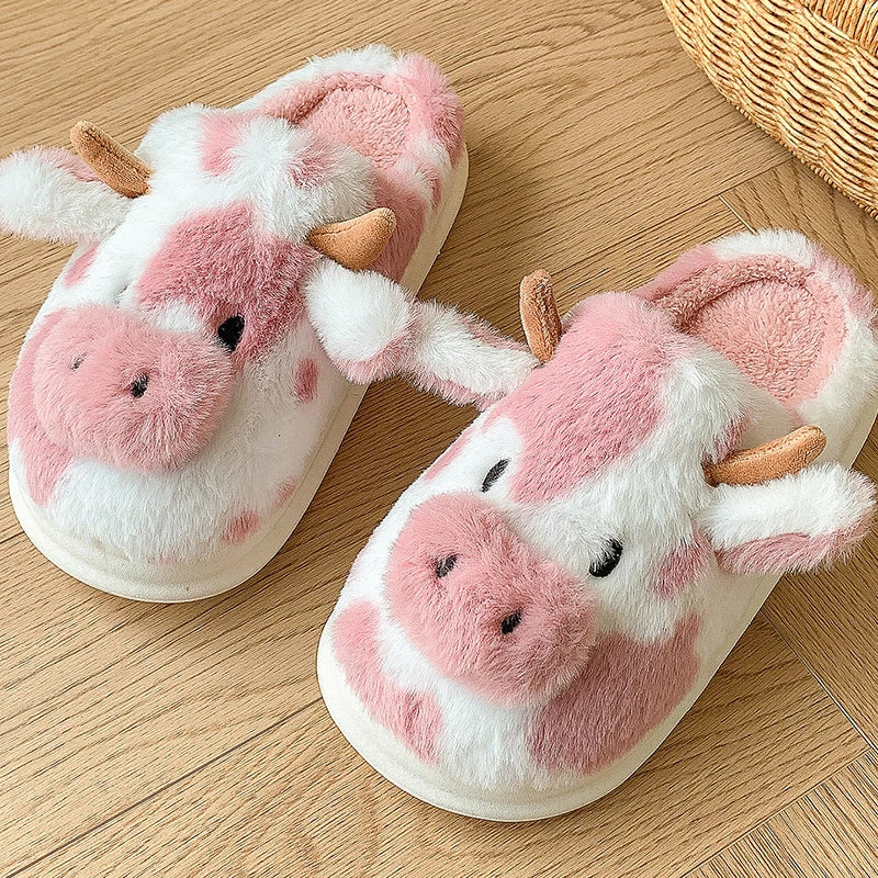 Cute Cartoon Cow Plush Slippers - Fluffy Fuzzy Fur Winter House Slides