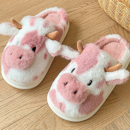 Cute Cartoon Cow Plush Slippers - Fluffy Fuzzy Fur Winter House Slides