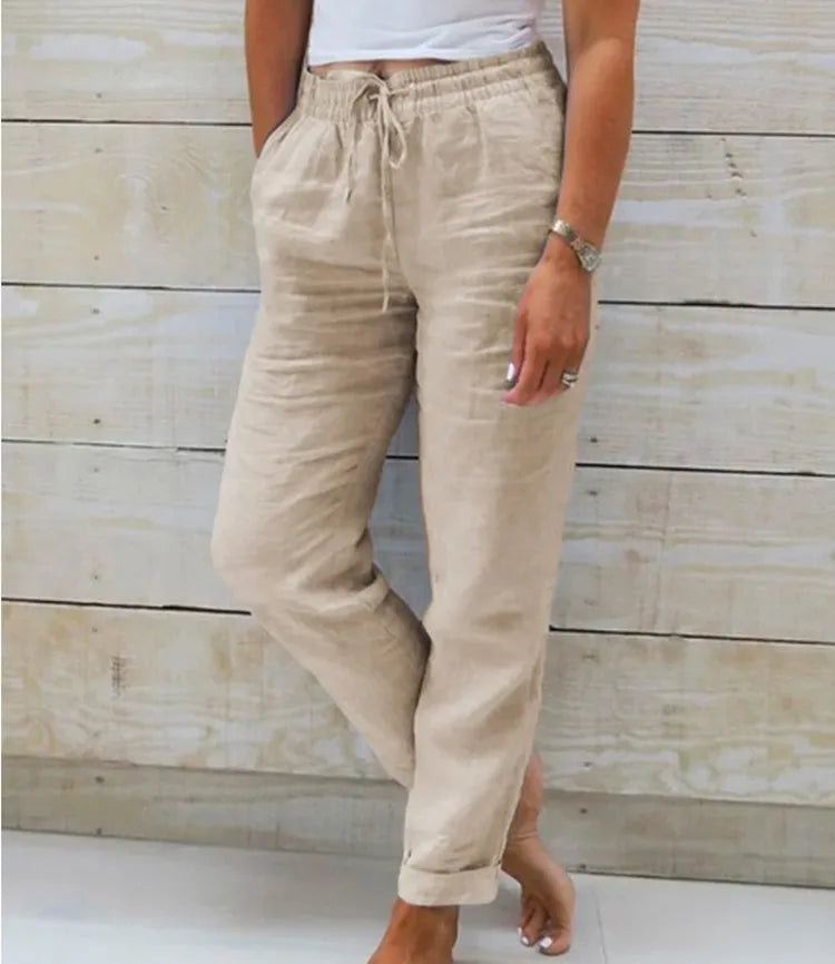 Women's Cotton Linen Summer Pants – Casual Elastic Waist Loose Trousers