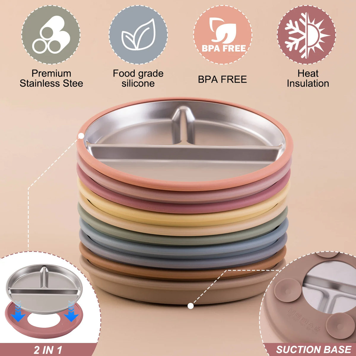 Baby Suction Divided Plate – Stainless Steel with Silicone Base
