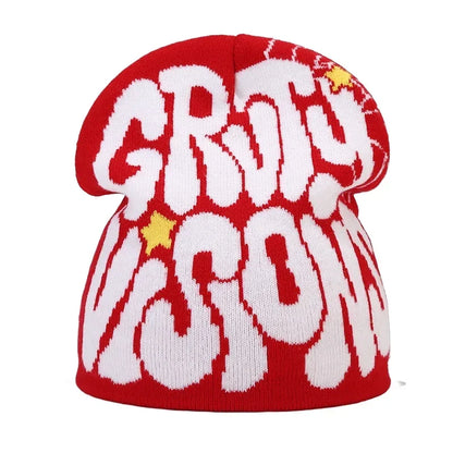 Y2K Letter Print Knit Beanie Hat – Unisex Winter Cap