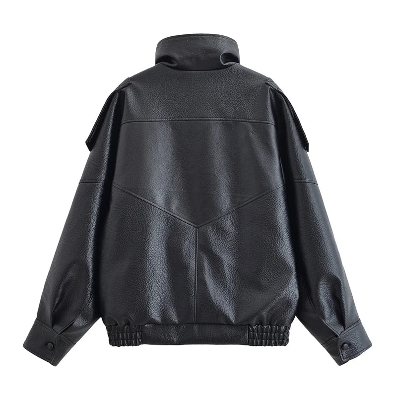 Pebble Faux Leather Motorcycle Jacket for Women