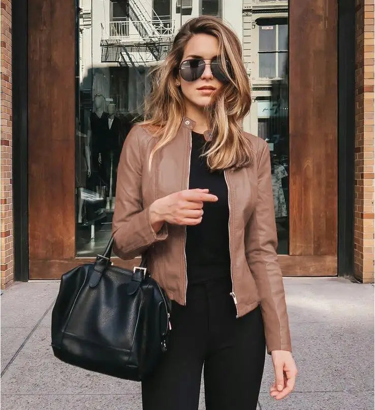 Women's PU Leather Moto Jacket – Short Zip-Up Biker Coat