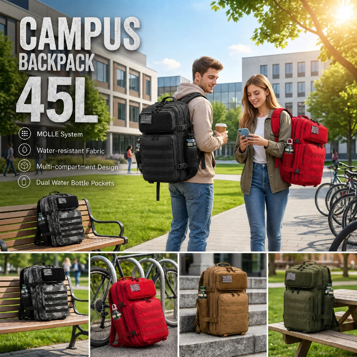 45L Tactical Fishing & Hiking Backpack with Dual Cup Holders