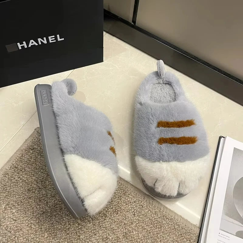 Fluffy Cat Paw Slippers for Women – Warm Non-Slip Home Shoes