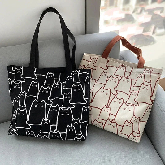 Cute Cat Canvas Tote Bag Women's Shoulder Shopper