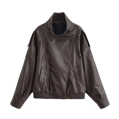 Faux Leather Moto Jacket for Women – Oversized PU Streetwear Coat