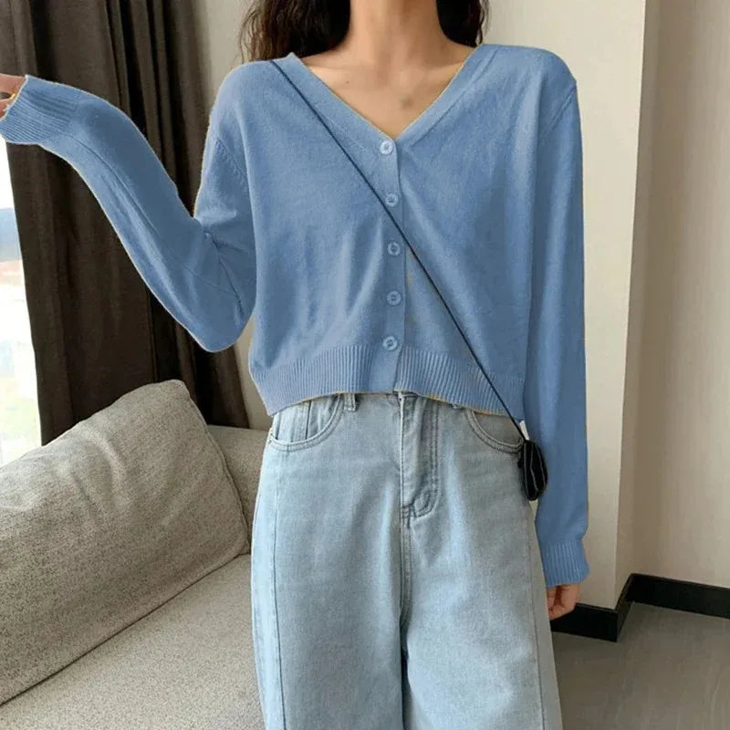 Women's Cropped Knit Cardigan – V-Neck Long Sleeve Button-Down Sweater