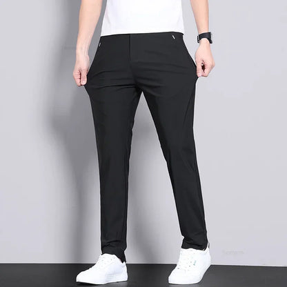 Ice Silk Slim Fit Men's Trousers – Quick-Dry Elastic Waist Pants