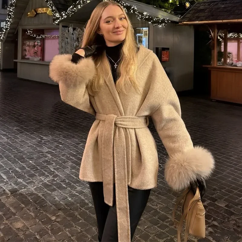 Women's Fox Fur Trim Double-Sided Wool Coat – Belted Elegant Wrap