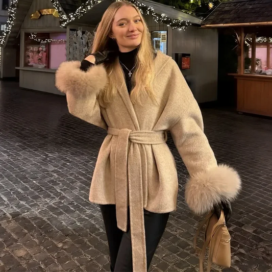 Women's Fox Fur Trim Double-Sided Wool Coat – Belted Elegant Wrap