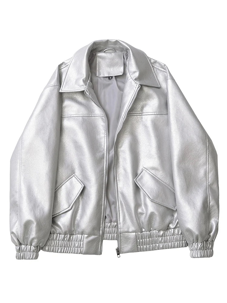 Women's Oversized Faux Leather Jacket – Retro Streetwear Zip Coat