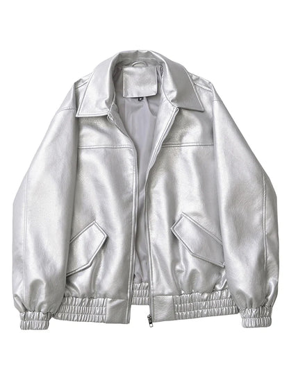 Women's Oversized Faux Leather Jacket – Retro Streetwear Zip Coat