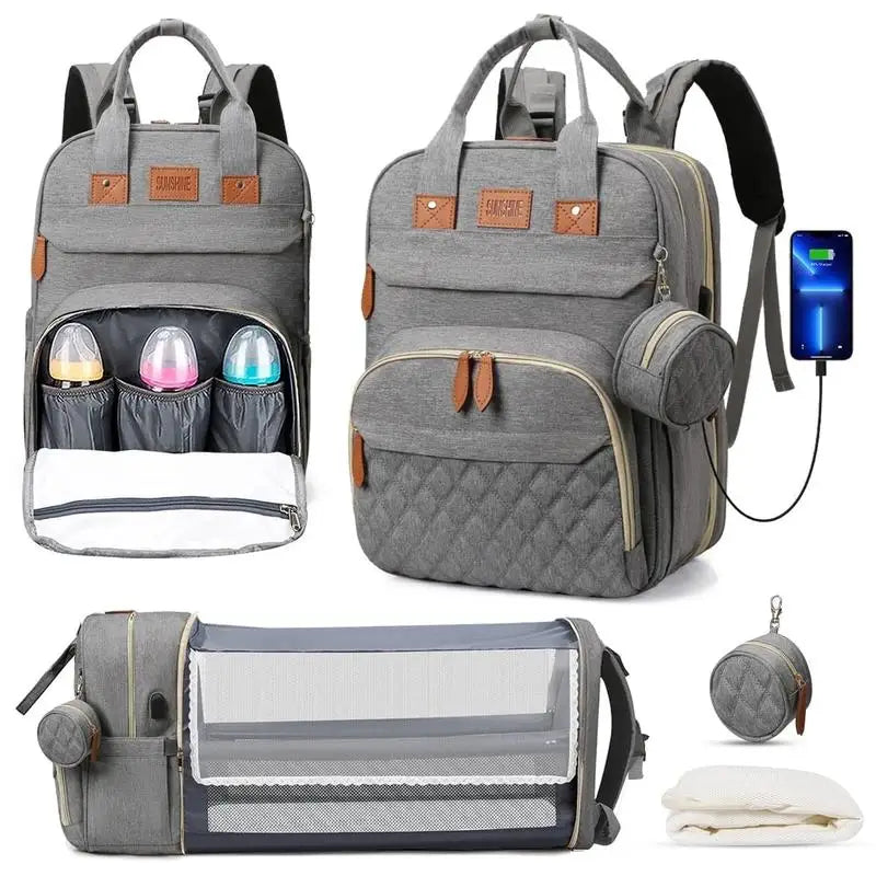 3-in-1 Diaper Bag Backpack with Foldable Baby Bed & USB Charging