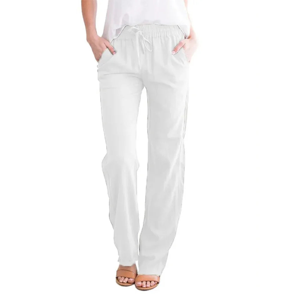 Women's Cotton Linen Drawstring Pants – Loose Straight Leg