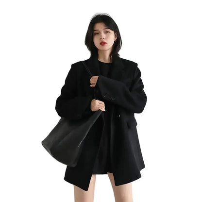 Women's Wool Blend Mid-Length Coat – Warm Office Blazer Overcoat