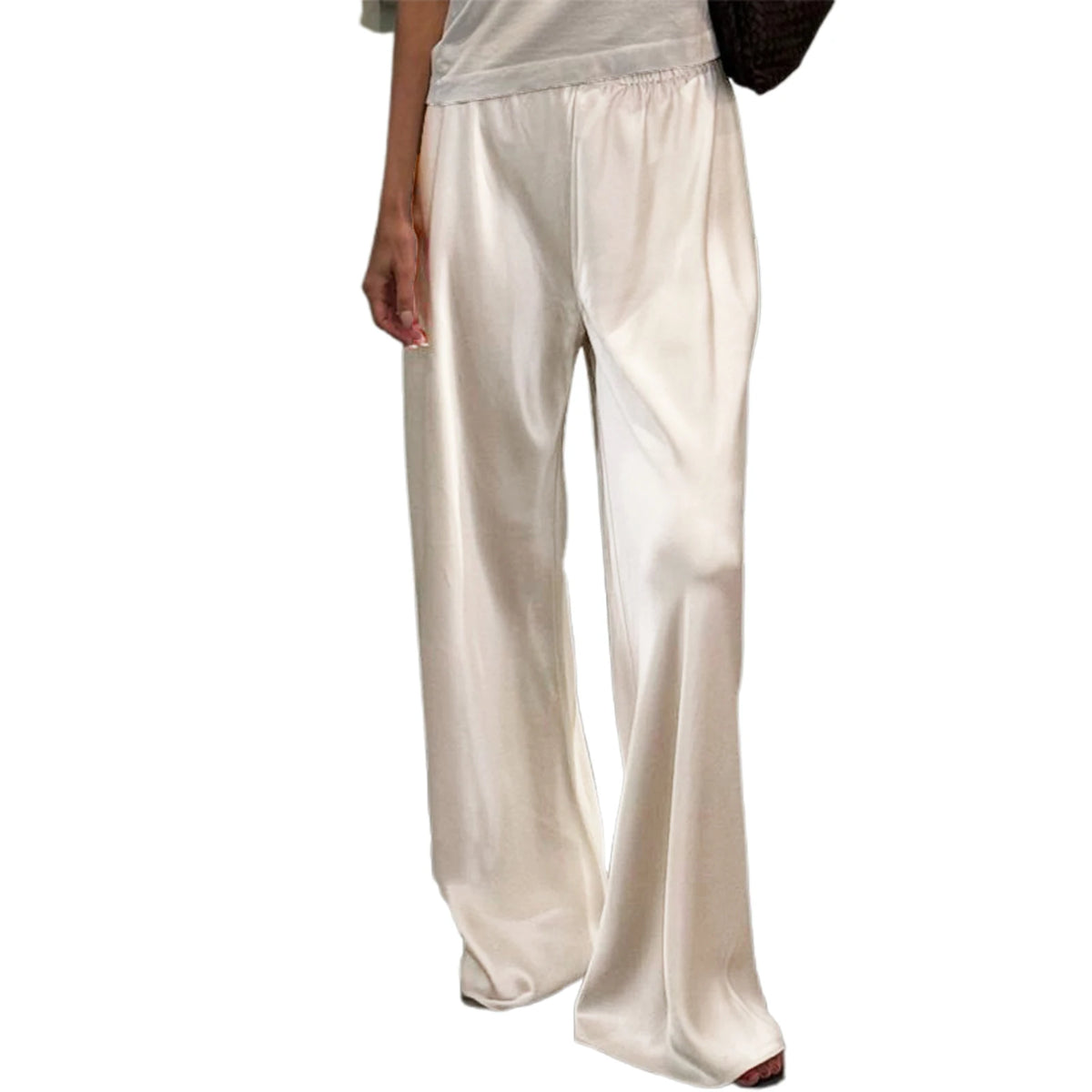 Women's Satin Wide Leg Pants – Elastic Waist Loose Fit Trousers