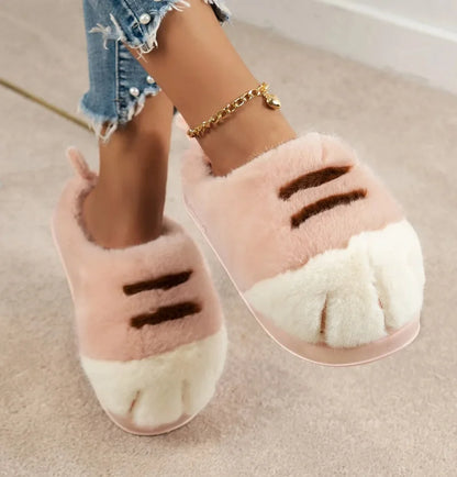 Fluffy Cat Paw Slippers for Women – Warm Non-Slip Home Shoes