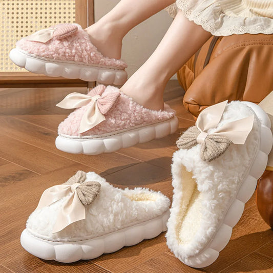 Women's Fluffy Fur Slippers with Bow – Warm Non-Slip Indoor House Shoes