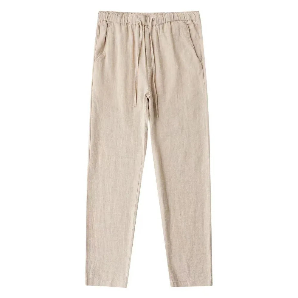 Men's Cotton Linen Pants – Breathable Drawstring Trousers with Back Pocket