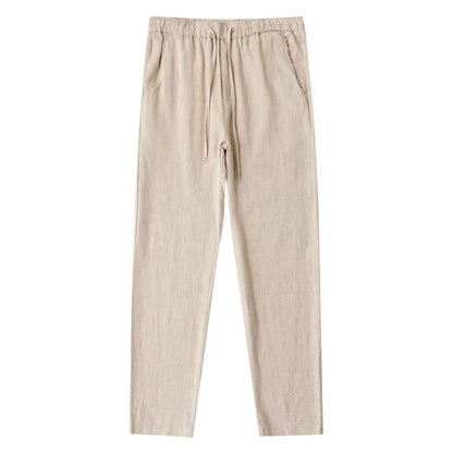 Men's Cotton Linen Pants – Breathable Drawstring Trousers with Back Pocket