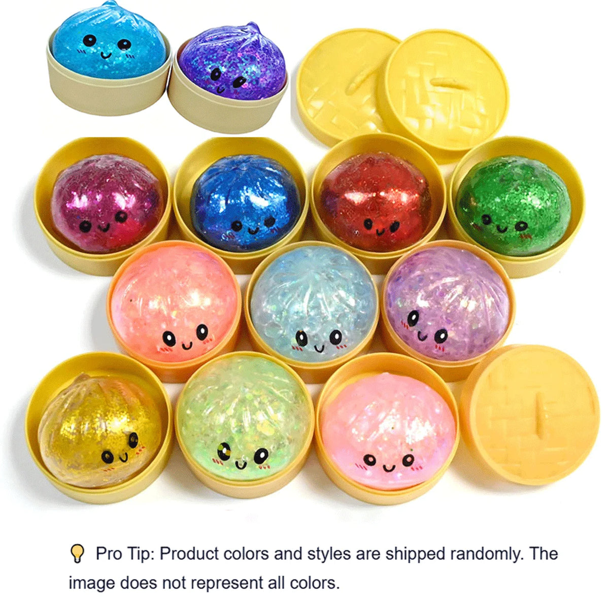 Glitter Squishy Stress Ball – Sparkle Bun Fidget Toy in Steamer Basket