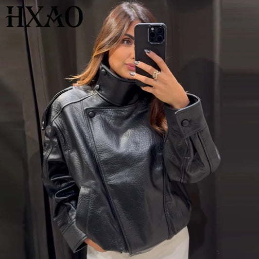 Women's Cropped Faux Leather Bomber Jacket – Oversized Zip-Up Coat