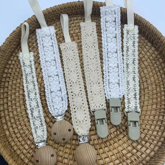 Baby Pacifier Clip Chain – Lace Fabric & Wood Holder