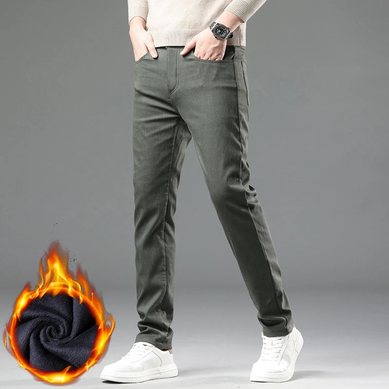 Men's Fleece-Lined Slim Dress Pants – Warm Winter Trousers